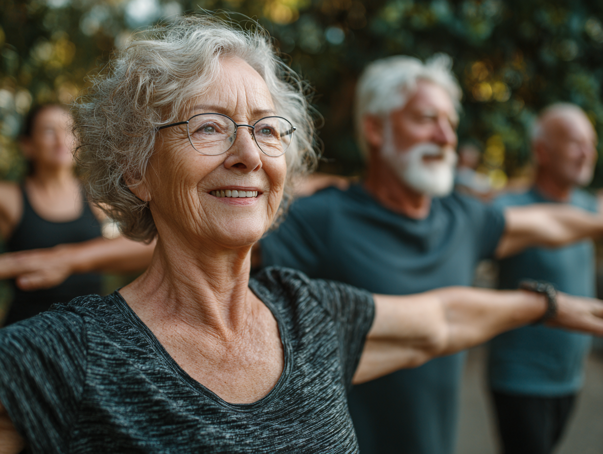Жінка виконує дихальні вправи на свіжому повітрі